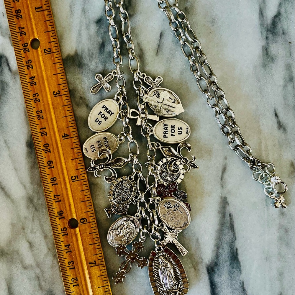 Guadalupe, Saints & Crosses Double Sided Antiqued Silver Tone Festoon Necklace - Picture 5 of 15